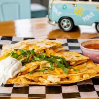 Chicken Quesadilla · With onions, cheddar cheese and a side of sour cream & salsa