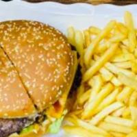Cheese Burger Deluxe · Served with french fries and can of soda.
