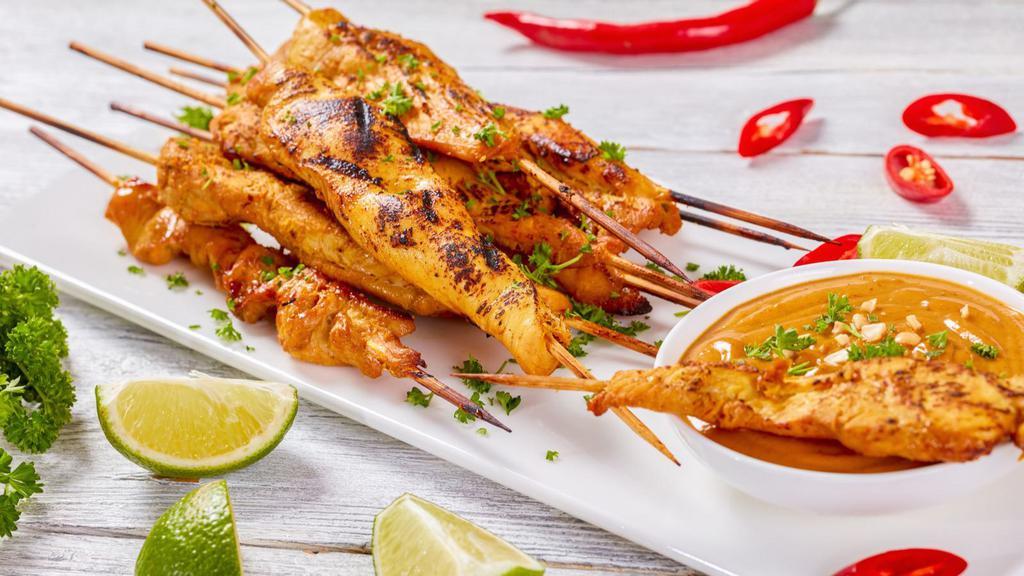 Satay (3 Pcs) · Choice of protein skewers marinated, satayed and served with a peanut dipping sauce and cucumber salad.