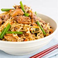 Singapore Noodles · A delicious dish of stir-fried rice vermicelli seasoned with curry powder, vegetables, scram...