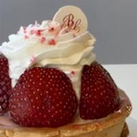 Strawberry Tart · Strawberry compote with mascarpone cream cheese crémeux in a buttery vanilla sablé tart shel...