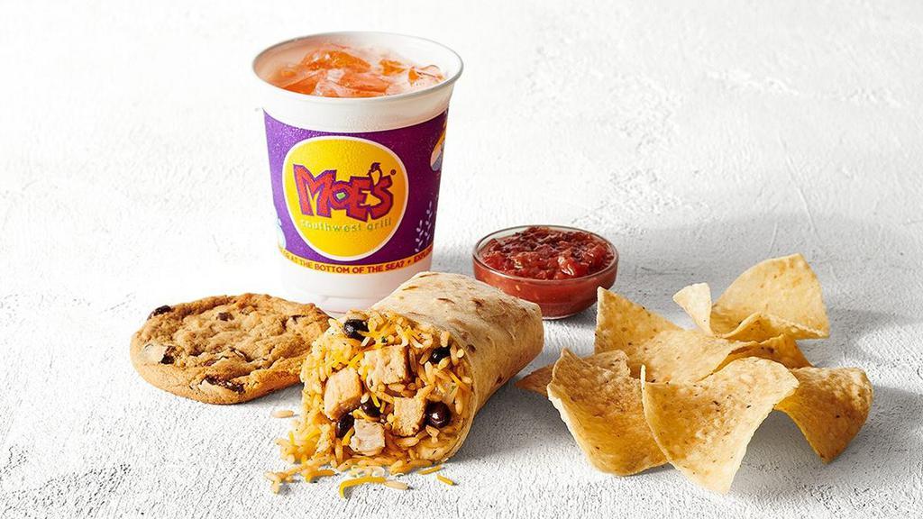 Moo Moo Mr. Cow · A burrito made for their little hands. Your choice of protein, rice, beans and shredded cheese. Bonus: cookie, kid-sized drink and free chips and salsa!
