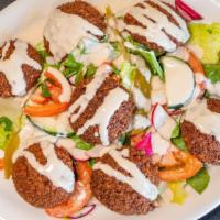 Falafel Entrée · Vegetable patties topped with diced tomatoes, parsley, radishes, lettuce and tahini sauce. S...