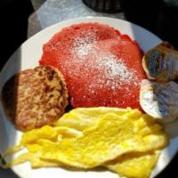 Red Velvet Pancakes With Meat & Eggs · 