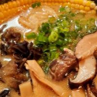 Vegan Miso · Mushroom-based soup, miso, menma, woodear mushrooms, roasted corn, sautéed shiitake mushroom...