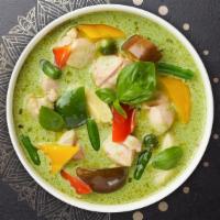 Going Green Curry Dinner · Coconut milk, zucchini, bamboo shoots, bell peppers, eggplant, and basil with green curry pa...