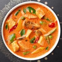 Turning Red Curry Dinner · Coconut milk, green beans, bamboo shoots, bell peppers, and basil with red curry paste. Serv...