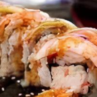 Playboy Roll · Shrimp tempura and spicy salmon inside, top with shrimp, avocado, may and hot sauce.