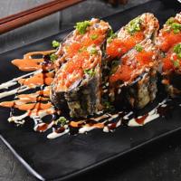 Volcano Roll · Spicy tuna, tobiko, avocado with whole roll deep fried, spicy crab, spicy mayo and eel sauce...