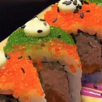 4 Seasons Roll · Tuna, salmon, white tuna, yellowtail inside, topped with four kinds of fish eggs.