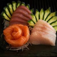 Tri Color Sashimi · Five salmon, five yellowtails, five tuna.