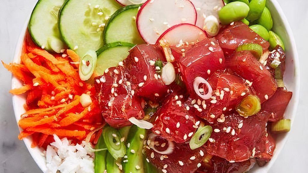 Tuna Or Salmon Poke · Tuna or salmon, onion, diced tomato, cucumber, avocado, edamame or seaweed salad, topped with spicy mayo.