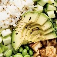 Veggie Poke · Tofu, cucumber, edamame, onion, seaweed salad, avocado, scallion, sesame topped with creamy ...