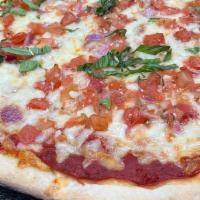 Bruschetta Pizza · Our Cheese Pizza topped with Bruschetta