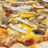 Sante Fe Chicken Pizza · Grilled Chicken, Mozzarella, Cheddar, Peppers, Onions, and a Salsa Marinara.
