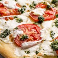 White Margherita Pizza · Garlic, Tomato, Basil, and Fresh Mozzarella