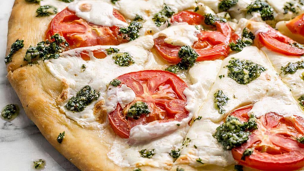 White Margherita Pizza · Garlic, Tomato, Basil, and Fresh Mozzarella
