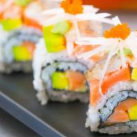 Rainbow Roll · Kani, cucumber, avacado inside, tuna, Salmon and white fish on top