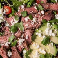 Black & Blue Salad · Certified grass fed NY strip steak served on organic mix greens, tomatoes, avocado, carrots,...