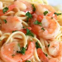 Linguini Shrimp Scampi · Marinated wild gulf shrimps, parsley, thyme, garlic, butter, white wine lemon sauce, 5 month...