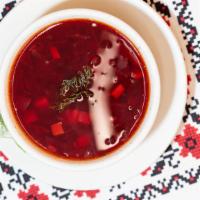 Ukrainian Borscht · Ukrainian beet soup with red beans, carrots, and parsnip. (Vegan)