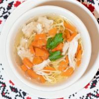 Chicken Noodle · Chicken broth with chicken pieces, noodles, carrots.