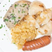 Ukrainian Combo Plate · Stuffed cabbage, mixed pierogi, kovbasa, sauerkraut