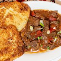 Letcho (Hungarian Goulash) · Stewed tender beef chunks in paprika rich sauce over egg noodles or potato pancakes.