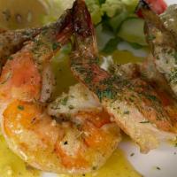 Grilled Shrimps (6) · With ladolemono (lemon & oil) served with a side salad.