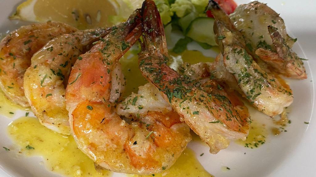 Grilled Shrimps (6) · With ladolemono (lemon & oil) served with a side salad.