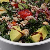 Kale Avocado Salad · a tangy salad with quinoa, tomatoes, cucumber, balsamic glaze, onion, kale, chickpeas, homem...