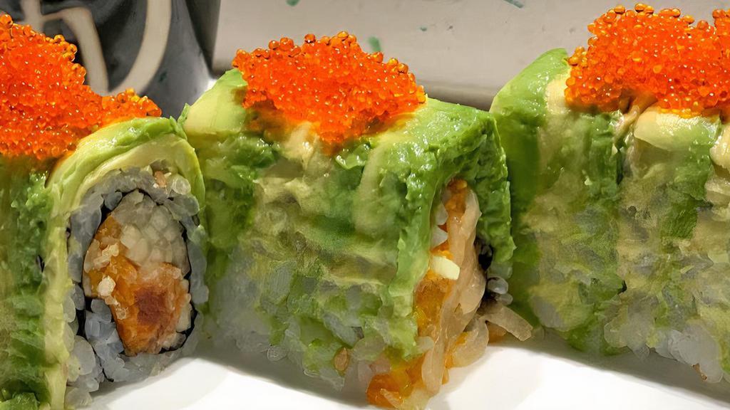 Godzilla Roll · Spicy Tuna, Cucumber & Tempura Flakes Topped with Avocado & Tobiko.