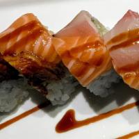 Monkey Roll · Shrimp Tempura & Tobiko Topped with Tuna, Salmon, Yellowtail, Eel & Eel sauce.