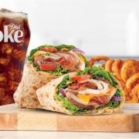 Chicken Club Wrap · Slow roasted chicken breast with bacon, natural cheddar cheese, green leaf lettuce, red onio...