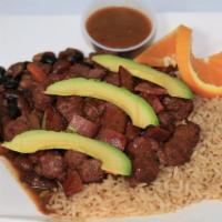 Bison Chipotle · Ground bison over brown rice with 97% fat-free turkey bacon, chili beans and avocado topped ...