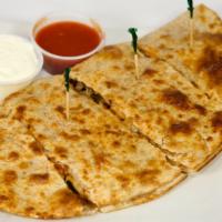 Energy Bbq Quesadilla · Bbq chicken, grilled peppers and onions, Cheddar with sour cream.