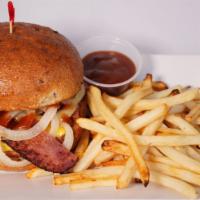Texas Turkey Burger (Combo) · Turkey burger with American cheese, 97% fat-free turkey bacon with cooked onions and bbq sau...
