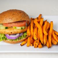 Salmon Burger (Combo) · Wild Alaskan salmon burger with herbs and spices.