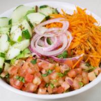 Energy Salad · Romaine, tomatoes, shredded carrots, red onions, cucumber, lemon, Italian seasoning, and oli...