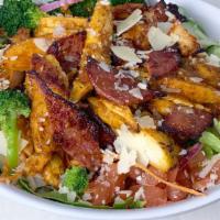 Chicken Chipotle Salad · Chicken, romaine lettuce, broccoli, shredded carrots, turkey bacon with Parmesan cheese topp...