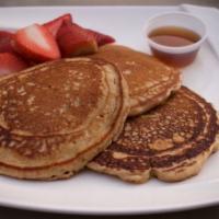 Protein Pancake Combo · Egg whites with multi-grain protein pancakes.
