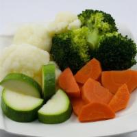 Steamed Mixed Veggies · Carrots, broccoli, cauliflower, zucchini.