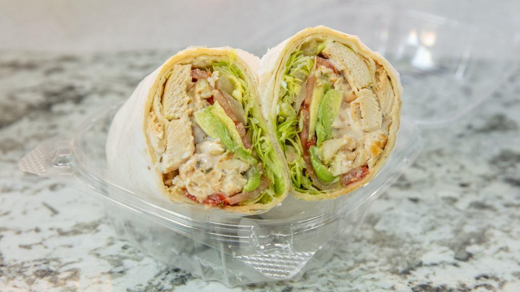 California · Grilled chicken, avocado, roasted pepper, lettuce, tomato, ranch dressing.