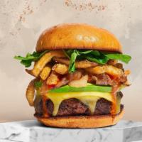 Flex My French Burger  · American burger patty topped with fries, cheese, avocado, caramelized onions, ketchup, lettu...