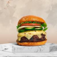 Jalapeno Junkie Burger  · American burger patty topped with melted cheese, jalapenos, lettuce, tomato, onion, and pick...