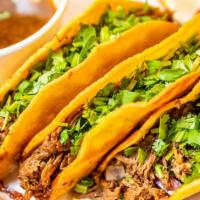 Quesataco Plate · Three crispy filled tacos with our signature birria beef, our cheese blend, cilantro, and re...