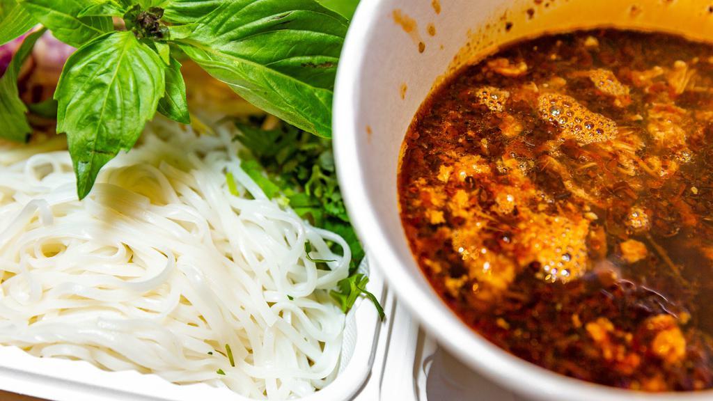 Birria Pho · Vietnamese inspired noodle dish with rice noodles and our signature birria stew. Served with a side of thai basil, mung bean sprouts, onions, cilantro, and a lime wedge