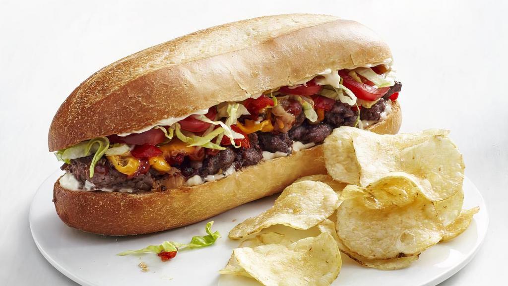 Chopped Cheeseburger · Ground beef chopped up with onions and peppers and covered with cheese on a Hero bread.