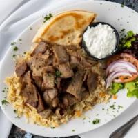 Gyro Plate · Sliced gyro meat off the spit. Served with tzatziki, pita, and choice of rice or fries.