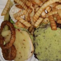 Deluxe Mexican Burger · Pepper jack cheese, touch of salsa, guacamole, lettuce and pickles.